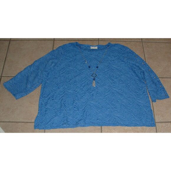 ALFRED DUNNER Blue Plus Sz 3X Textured Stretchy Removeable Mock Necklace Shirt - Picture 2 of 6